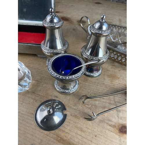 107 - Silver Plated Cruet Set, Cut Crystal Open Salt, Trinket Box & Glass / Silver Plated Serving Dish.