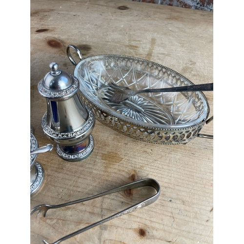 107 - Silver Plated Cruet Set, Cut Crystal Open Salt, Trinket Box & Glass / Silver Plated Serving Dish.