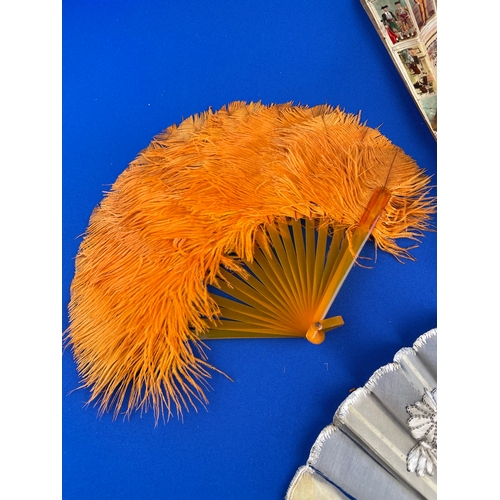 109 - 1930's Orange Ostrich Feather Fan, Silk & Bone Fan (a/f) & Spanish Paper Fan (a/f)