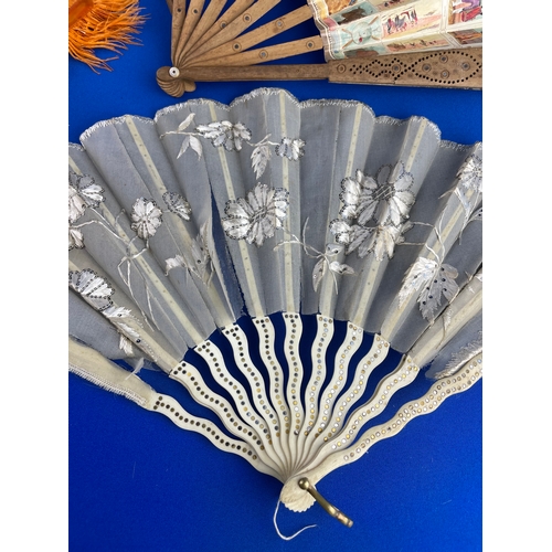 109 - 1930's Orange Ostrich Feather Fan, Silk & Bone Fan (a/f) & Spanish Paper Fan (a/f)