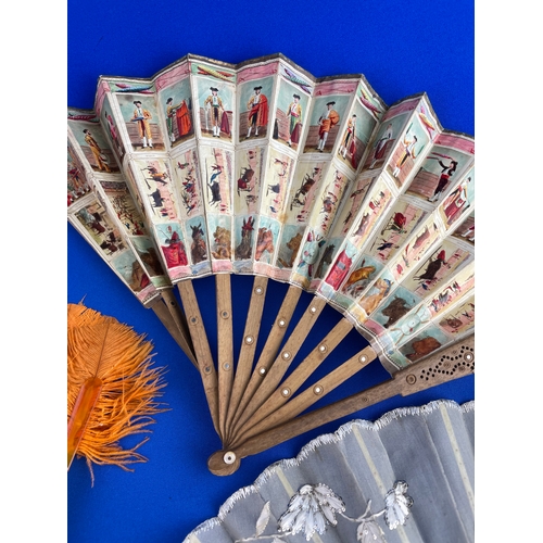 109 - 1930's Orange Ostrich Feather Fan, Silk & Bone Fan (a/f) & Spanish Paper Fan (a/f)