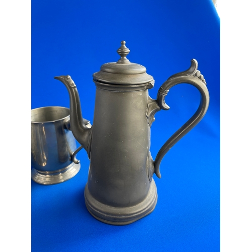 112 - Antique Metalware Inc. Pewter Tea Pot, Jug & Measure. Silver Plated Items.