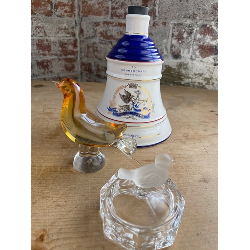 120 - Collectables Inc Wade Bells Whiskey Bottle & Glass Bird Paperweight Possibly Murano.