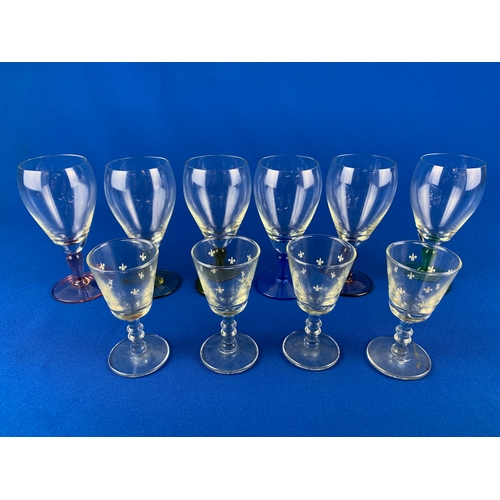 227 - Four Vintage Liquor Glasses and Six Vintage Coloured Glasses