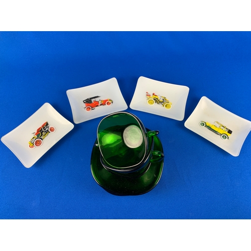 228 - Vintage Automotive Pin or Coin Trays alongside Green Glass Cups and Saucers