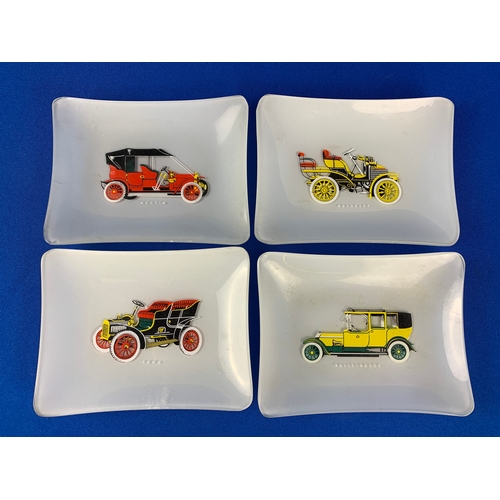 228 - Vintage Automotive Pin or Coin Trays alongside Green Glass Cups and Saucers