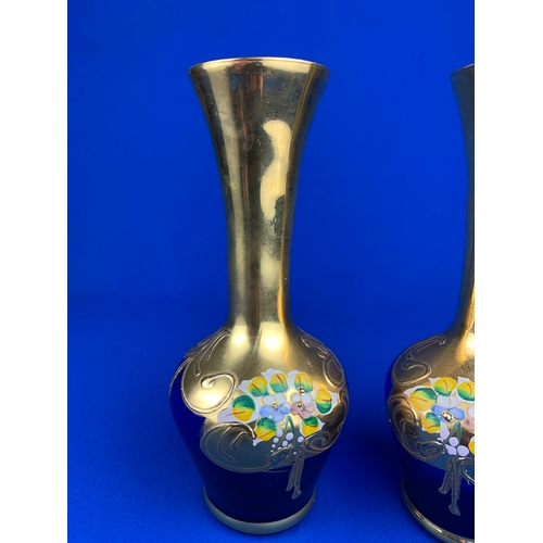 102 - Czech Cobalt Blue and Gilt Vases with Raised Detail and Hand Painted Flower Design