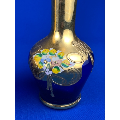 102 - Czech Cobalt Blue and Gilt Vases with Raised Detail and Hand Painted Flower Design