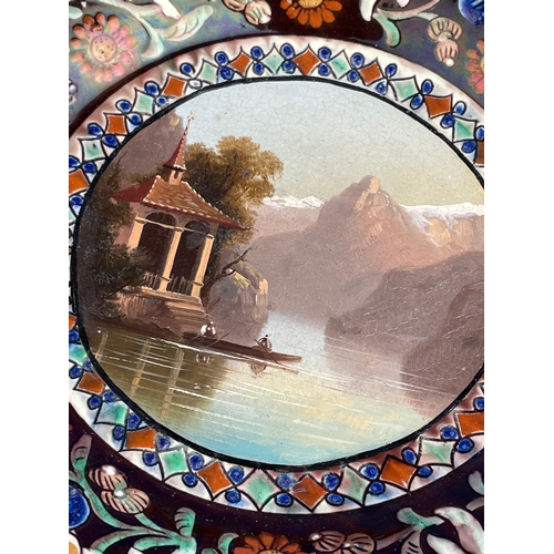 242 - Antique Thoune Scenic Majolica Plate. Slip Decorated Earthenware With Hand Painted Scenic Design - 2... 