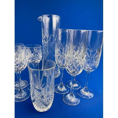 177 - Set Of Quality Cut Crystal Glasses & Jug. 6x Wine Glasses & 4x Champagen Flutes