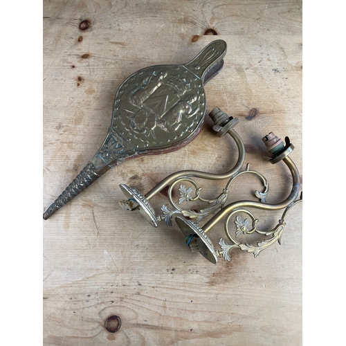 362 - Vintage Brass Bellows With Mermaid Design & Pair Of Brass Wall Lights