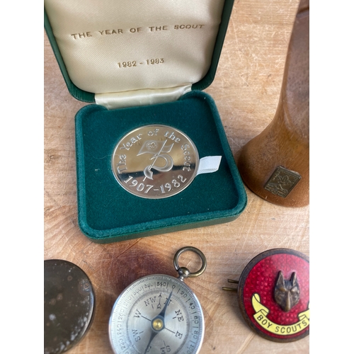 371 - Vintage Boy Scout Items Inc Carved Hand & Cap Badge