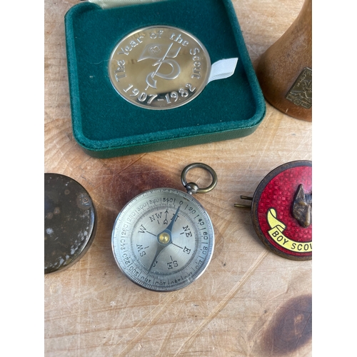 371 - Vintage Boy Scout Items Inc Carved Hand & Cap Badge