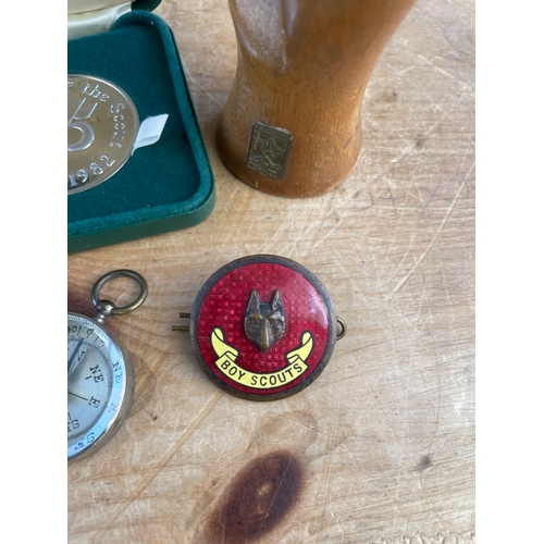 371 - Vintage Boy Scout Items Inc Carved Hand & Cap Badge