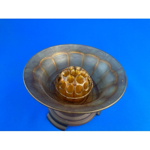 167 - Davidson Amber Cloud Glass Bowl With Base & Flower Frog