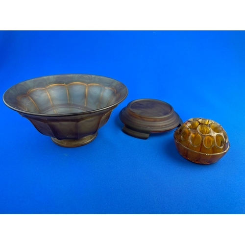 167 - Davidson Amber Cloud Glass Bowl With Base & Flower Frog