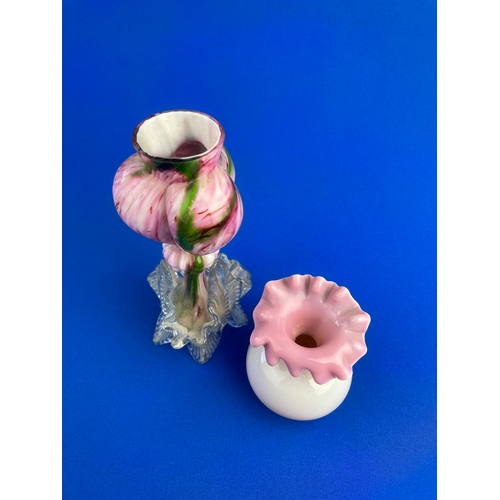 174 - Franz Weltz Pink & Green Spatter Vase With Small Opaline & Pink Crimped Top Vase