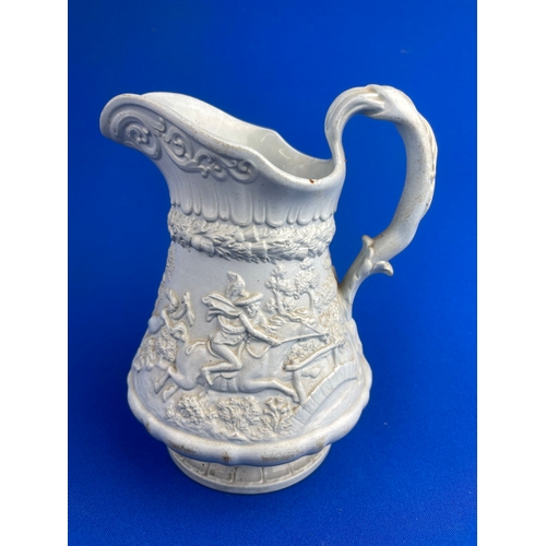 196 - Antique Ridgeway Jug Depicting Jousting Knights. Crack To Handle.