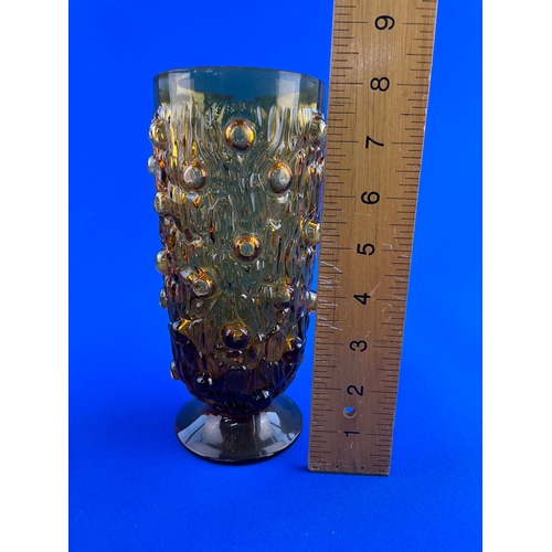 143 - Vintage Hobnail Textured Amber Glass Footed Vase