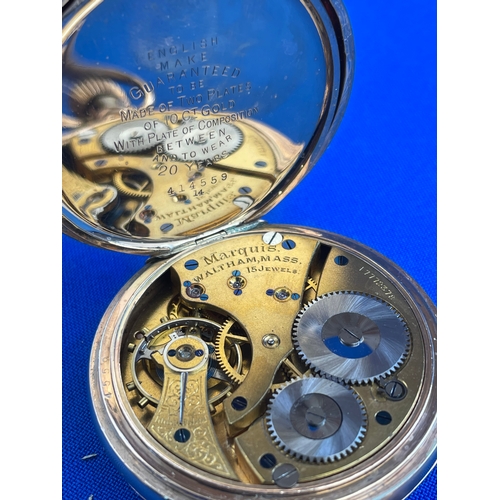 29 - 1909 Marquis Waltham Pocket Watch. Moon Dennison. 10ct Rolled Gold Case. Fully Working. Lovely Condi... 