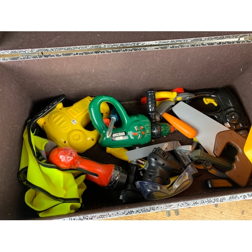 435 - Metal Coated Box containing Many Children's Toy Construction Tools and Hard Hat