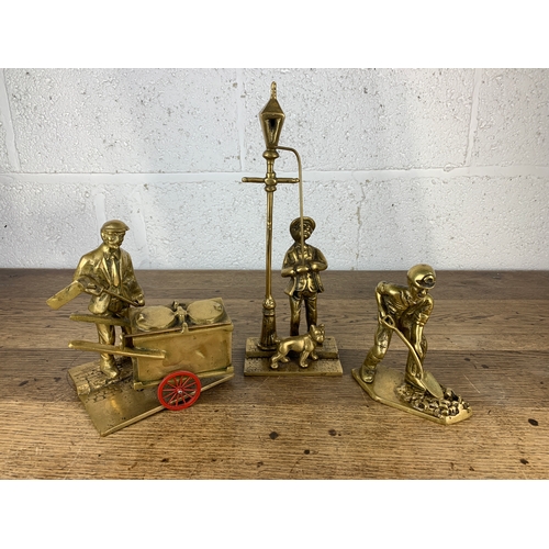 291 - Three Quality British Made Vintage Brass Figurines depiction Street Sweeper, Lamp Lighter and Miner