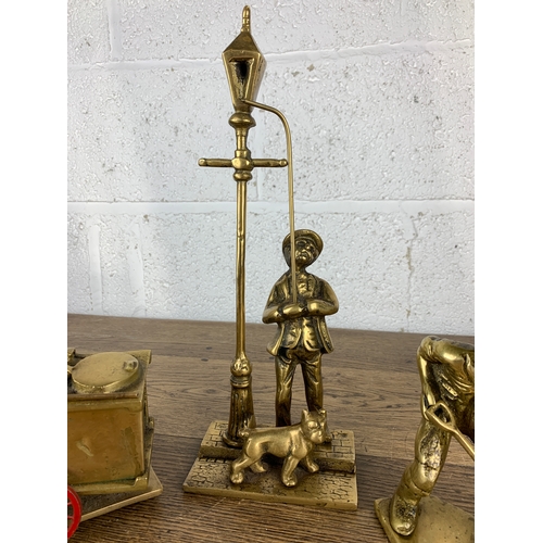 291 - Three Quality British Made Vintage Brass Figurines depiction Street Sweeper, Lamp Lighter and Miner