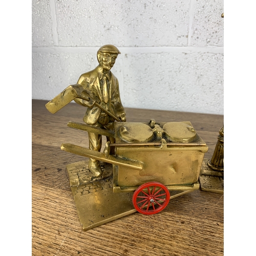 291 - Three Quality British Made Vintage Brass Figurines depiction Street Sweeper, Lamp Lighter and Miner