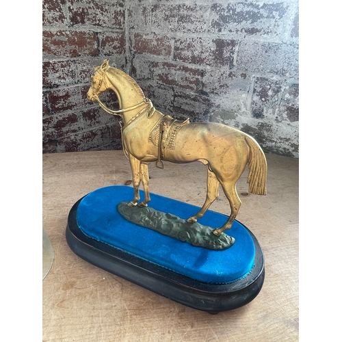 303 - 19th Century French Gilt Metal Horse On Bronze Base With Glass Dome