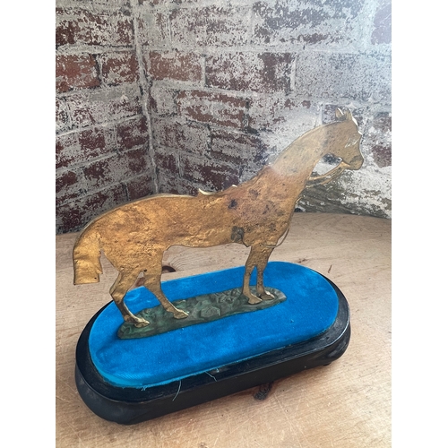 303 - 19th Century French Gilt Metal Horse On Bronze Base With Glass Dome