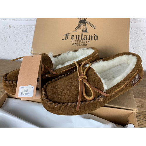 116 - Two As New Fenland Sheepskin Chestnut Moccasin Ladies Slippers - Size 3/4 and 5/6