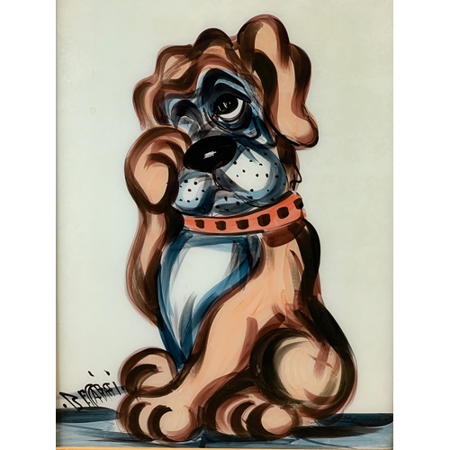 54 - Original Mid-Century Kitsch Beccafichi Signed Reverse Glass Painted Dog