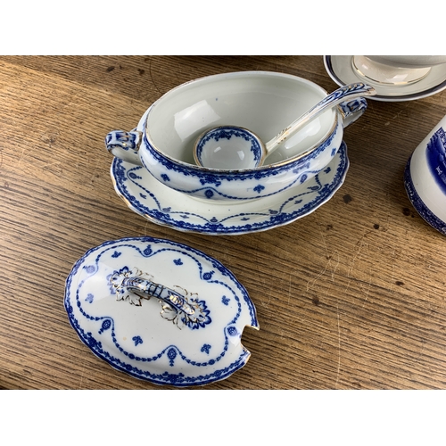 275 - Three Blue, White and Gilt Tureens and Ringtons Tea Caddy