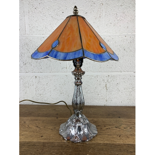 461 - Tiffany Style Table Lamp with Chrome Base - slight cracking to shade