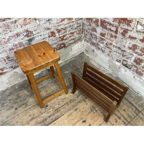 481 - Vintage Pine Stool & Magzine Rack