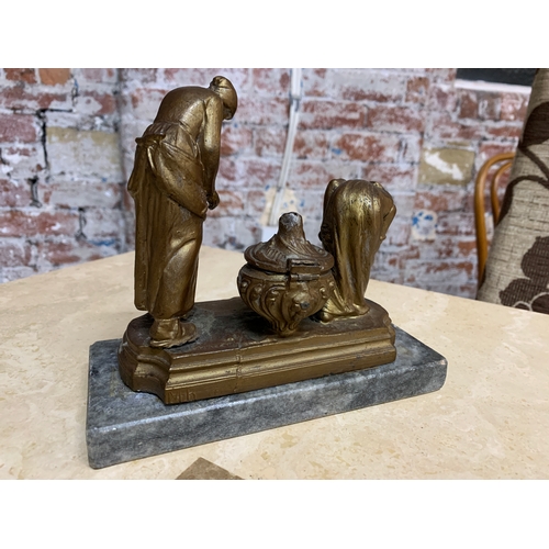 279A - Signed Vintage Spelter Ink Well on Marble Base