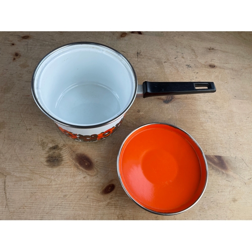 115 - Retro Orange Floral Enamel Pan. Looks Unused.