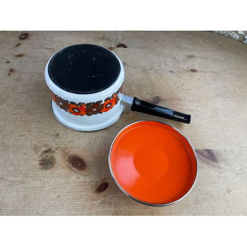 115 - Retro Orange Floral Enamel Pan. Looks Unused.