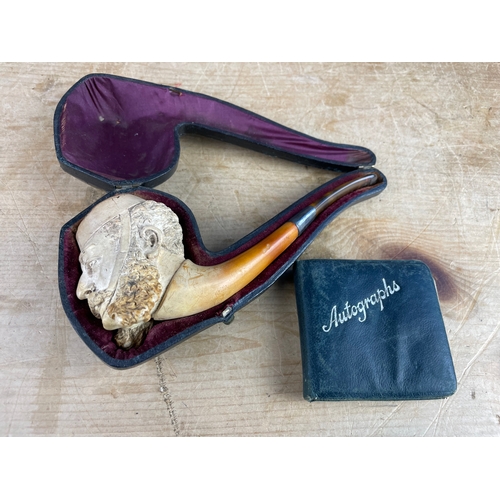 123 - Quality Meerschaum Pipe With Case & Autograph Book.