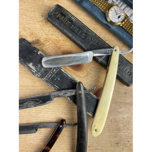 124 - Three Cut Throat Razors & Vintage Watch With Case.