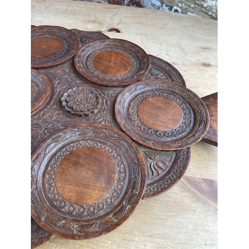 91 - Antique Carved Anglo Indian Wooden Drinks Serving Tray