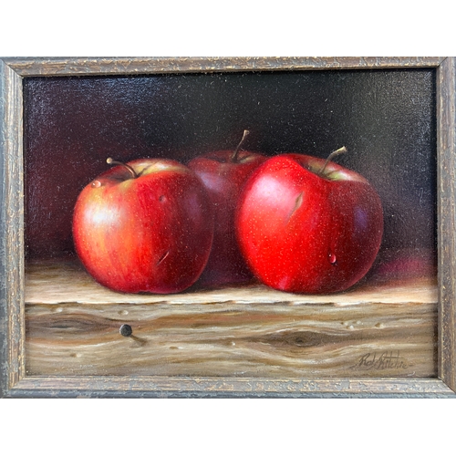 55 - Rob Ritchie Original Three Red Apples Still Life, Oil on Board - Frame Measures 29 x 24cm