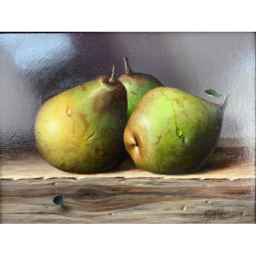 56 - Rob Ritchie Original, Three Pears Still Life, Oil on Board - Frame Measures 29 x 24cm