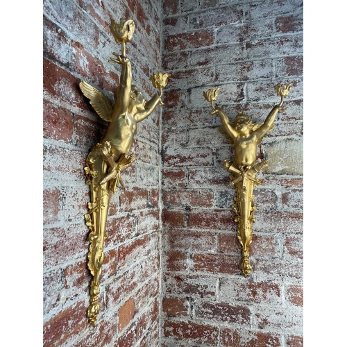 63 - Gustave Joseph Cheret Guilt Bronze Putti Large Wall Sconce Lights. Signed Joseph Cheret With Paris F... 