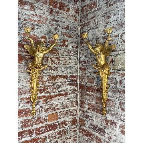 63 - Gustave Joseph Cheret Guilt Bronze Putti Large Wall Sconce Lights. Signed Joseph Cheret With Paris F... 