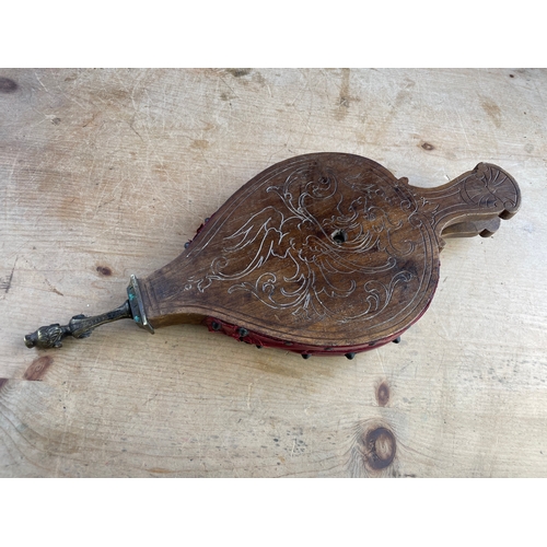 158 - 18th Century Carved Wooden Bellows With Lion Detail & Brass Dragon Blower Finial