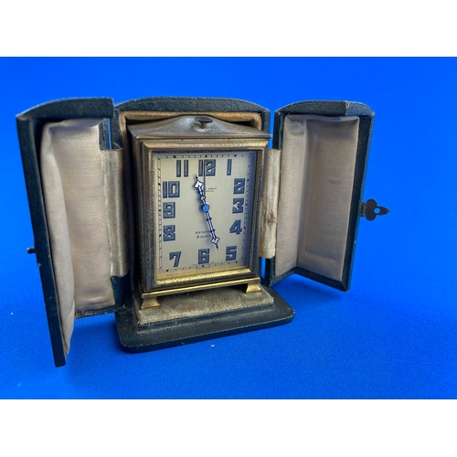 407 - Morath Brothers Liverpool, Zenit 8 Day Gilt Metal Travel Alarm Clock In Case. Fully Working.