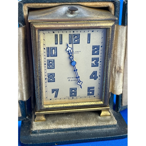 407 - Morath Brothers Liverpool, Zenit 8 Day Gilt Metal Travel Alarm Clock In Case. Fully Working.