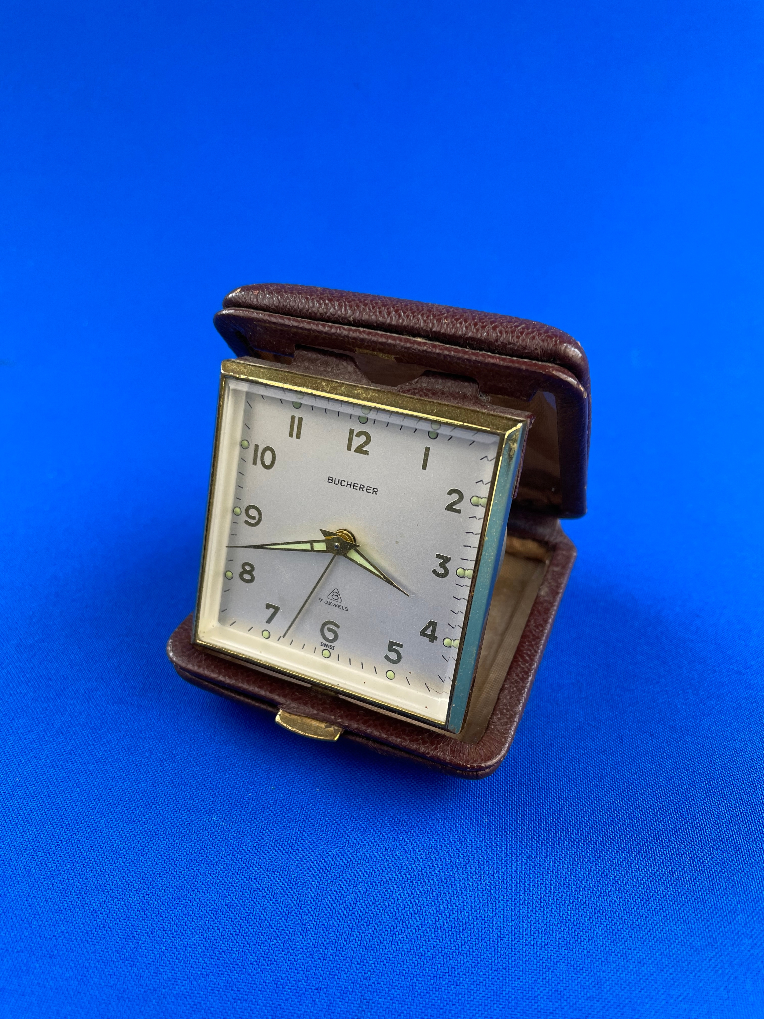 1950 s Bucherer 7 Jewels Swiss Made Travel Alarm Clock