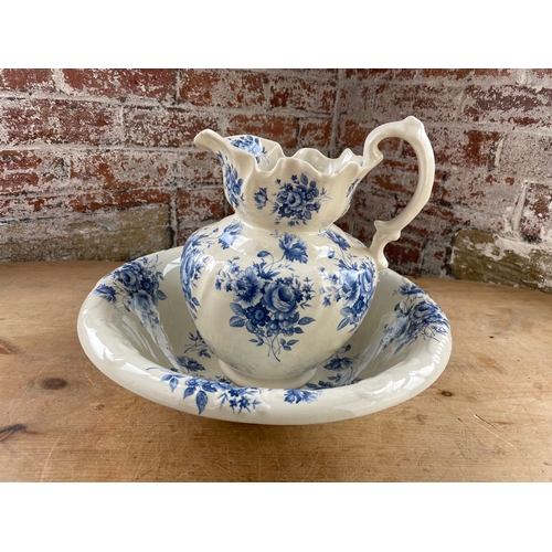 369 - Attractive Victorian Ironstone Wash Bowl & Jug With Delicate Blue & White Floral Design